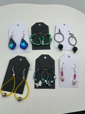 Assorted Women’s Beaded and Crystal Earrings - Blue, Green, Black, Yellow, Pink